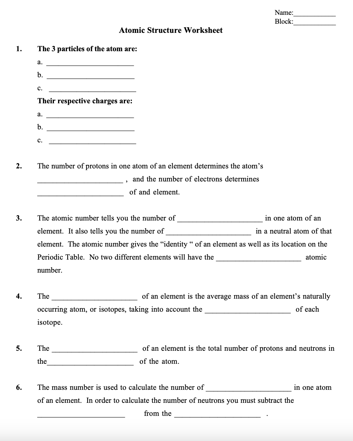 Atomic Structure Worksheet